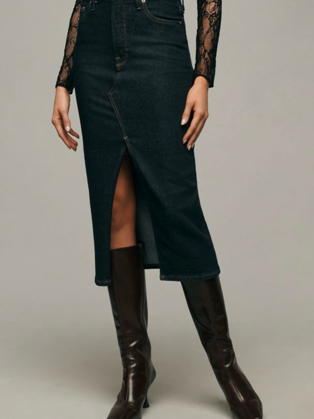 Good American Slit Front Denim Midi Skirt – Indigo 716 – Size 00/24